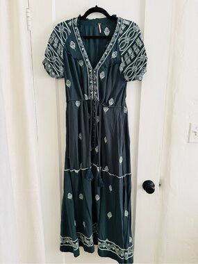 Free People Riley-Embroidered Teal Maxi Dress with Tassel Tie